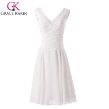 2015 neue Art V-Ansatz weiße Knielänge A-line kurzes Partei-Kleid CL6059